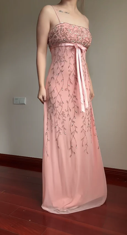 Classy Spaghetti Strap Pink Chiffon Beaded Long Prom Dress Formal Evening Dress SP944