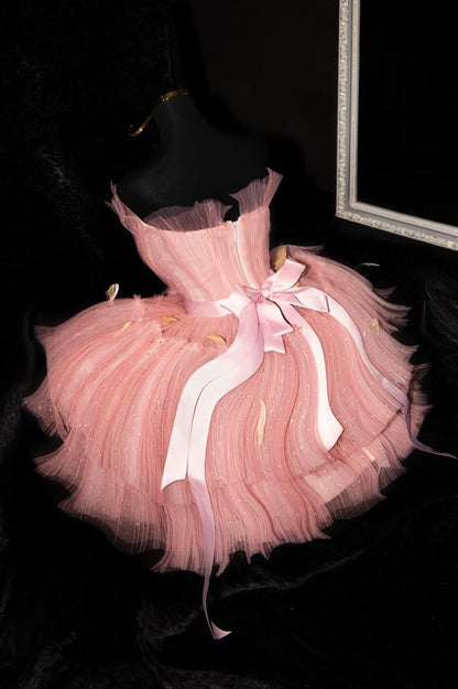Cute Pink Tulle Sequin A Line Short Graduation Homecoming Dress,Strapless Mini Birthday Dress SP3148