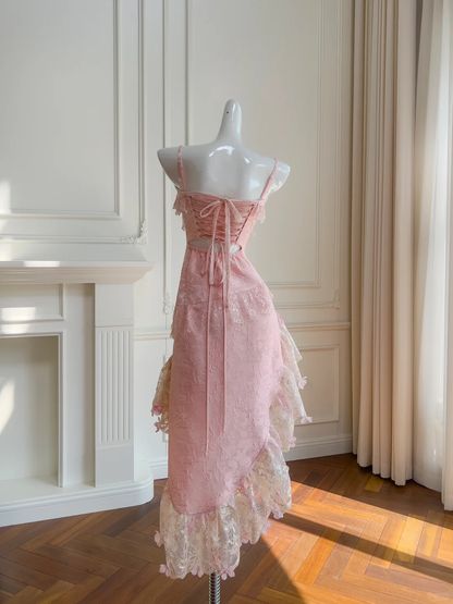 Pretty Pink Satin Lace Birthday Party Dress Prom Dress  Y8971