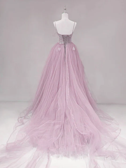 Pink Straps Tulle Chic Long Party Dress Formal Dress, Pink A-line Prom Dress Y4491