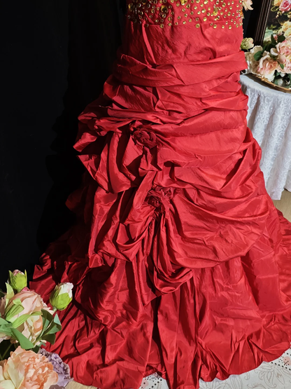 Vintage Red Spaghetti Straps Satin Pleated Long Party Dress Prom Dress SP2262
