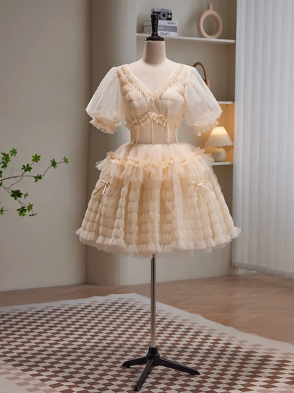Cute V Neck Light Yellow Tulle Pleated Short 6th Grade Homecoming Dress Birthday Outfits Y9532