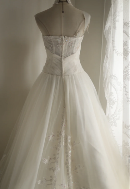 Classy Sweetheart Neck White Tulle Lace Appliques Mermaid Long Wedding Dress Bridal Dress SP1207