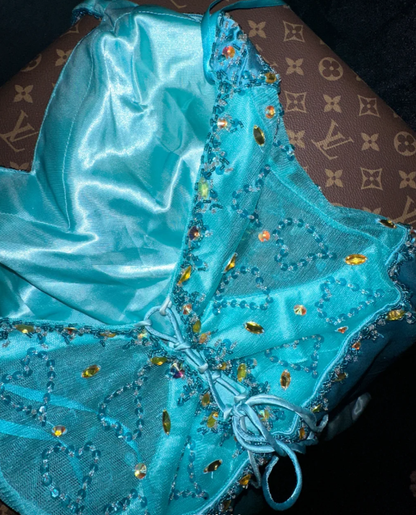 Classy Halter Blue Satin Beaded Mermaid Long Birthday Prom Dress Evening Gown SP1066