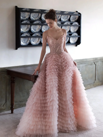 Glamorous Pink Tulle Pleated Tiered Long Party Dress Birthday Prom Dress With Sequins SP4133