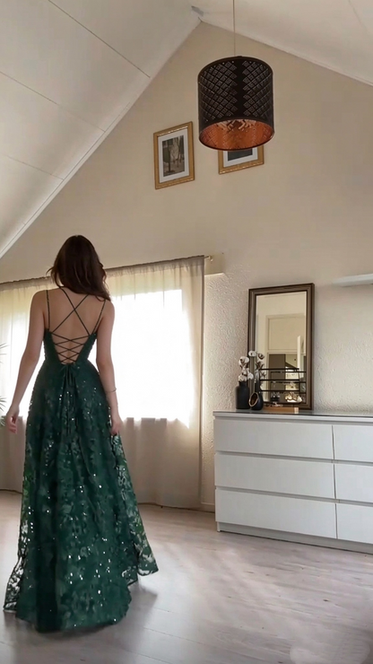 Charming Spaghetti Straps Green Tulle Sequin Appliques A Line Long Party Dress Prom Gowns SP4256
