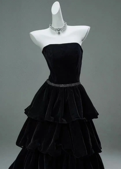 Chic Black A-line Layered Evening Dress,Black Strapless Evening Gown Y4378