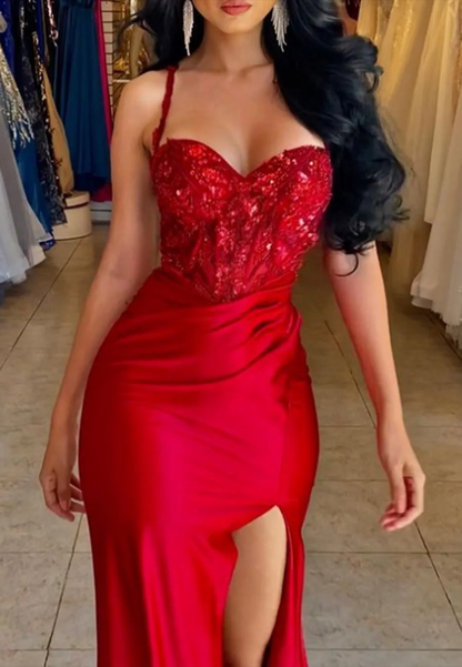 Glamour Sweetheart Satin Appliques High Slit Prom Dress Red Mermaid Party Dress SP4193