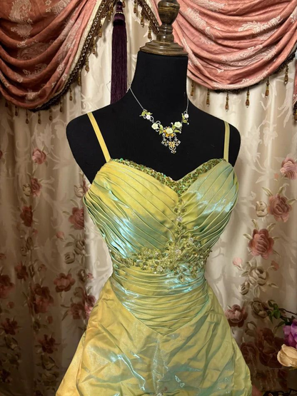 Vintage Sage Green A-Line Spaghetti Strap Satin Long Prom Dress Beaded Evening Dress Y8517