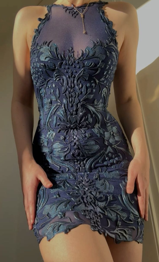 Elegant Halter Navy Blue Lace Sheath Short Graduation Homecoming Dress Cocktail Dress Y9801