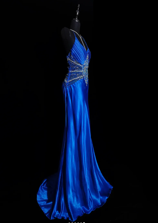 Gorgeous Royal Blue Spaghetti Straps Satin Pleated Sequin Beaded Mermaid Prom Dress Backless Long Party Dress SP443
