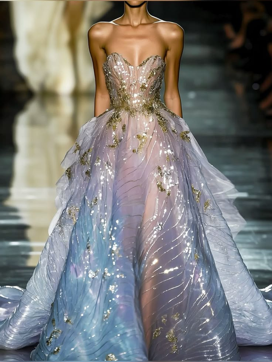 Dream Strapless Blue Tulle Sequins Evening Dress,Long Formal Prom Dress Y8379