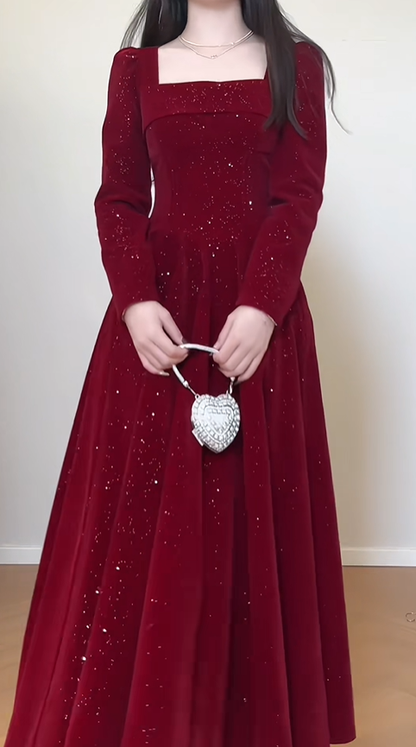 Pretty Square Neck Red Velvet Sequin A Line Birthday Outfits Formal Long Evening Gown SP623