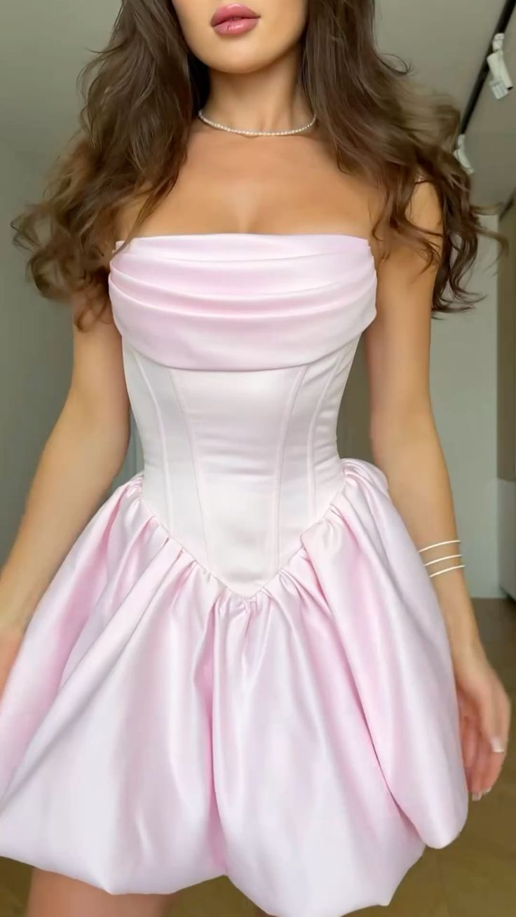 Cute Pink Strapless A Line Satin Pleated Short Homecoming Dress Cocktail Dress Y9546