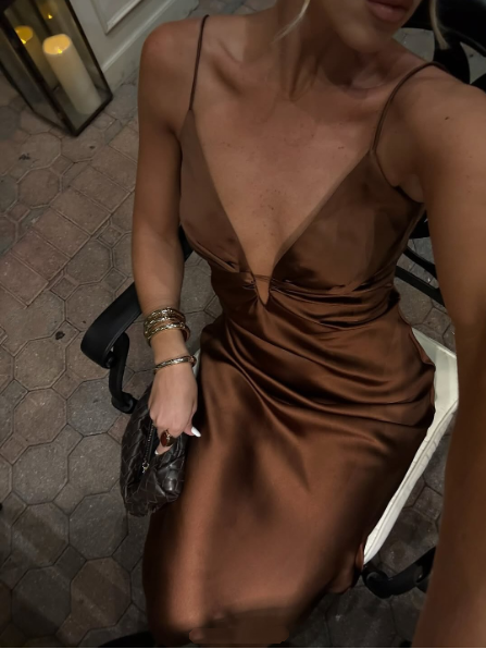 Stylish Brown Spaghetti Straps V Neck Satin Mermaid Evening Dress Long Wedding Guest Dress SP1099