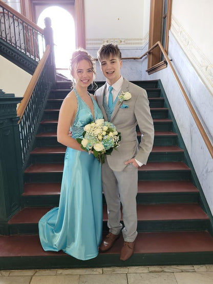 Elegant Halter V Neck Satin Beaded Long Prom Dress Blue Long Party Gown SP3757