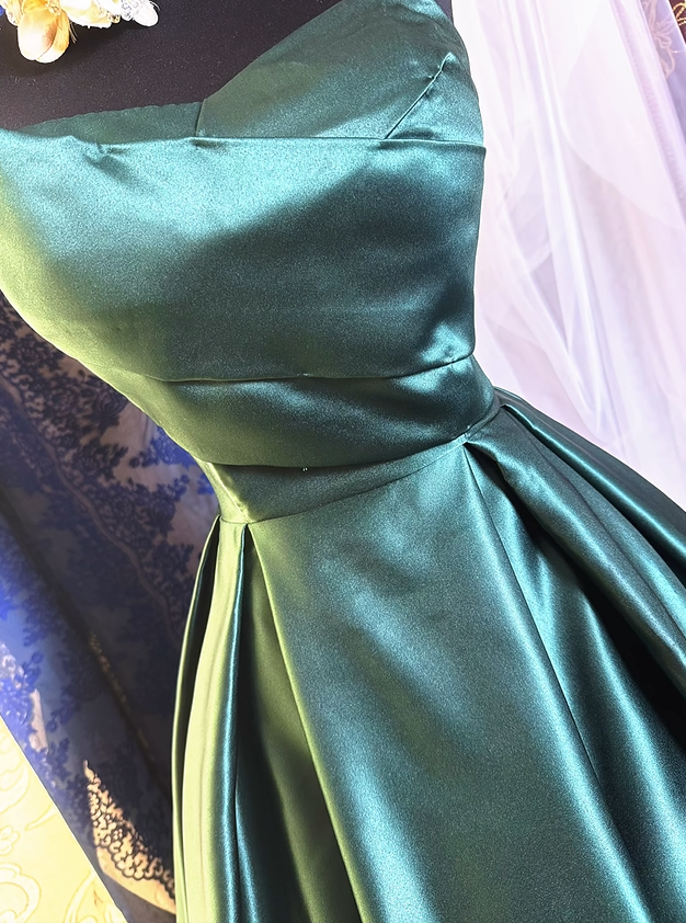 Retro Green Strapless Satin Pleated Ball Gown Long Party Dress Prom Dress SP2194