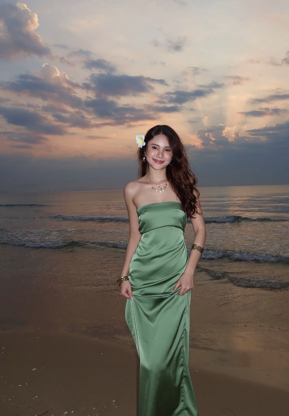 Classy Strapless Satin Green Slit Long Wedding Guest Dress Bridesmaid Dress SP691