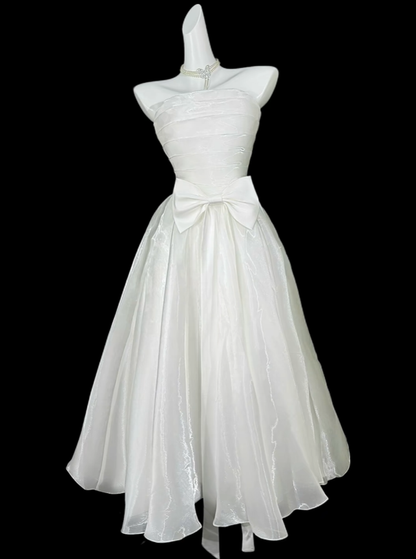 Elegant Strapless Tulle Bow A Line Long Wedding Guest Dress,White Long Party Dress SP3523