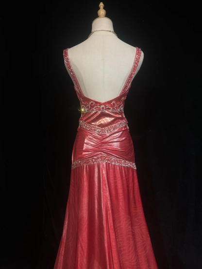 Unique Pink V Neck Satin Beaded Mermaid Long Prom Dress Evening Dress Formal Wedding Guest Dress SP1389