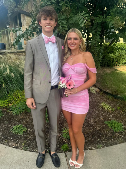Classy Off The Shoulder Chiffon Pleated Sheath Mini Birthday Dress,Pink Short Graduation Homecoming Dress SP2873