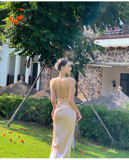 Sexy Halter V Neck Party Dress,Champagne Gold Prom Evening Dress Y8211