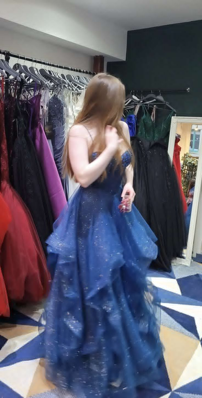 Glitter Spaghetti Straps Navy Blue Tulle Sequin Appliques Long Party Dress Birthday Dress SP2169