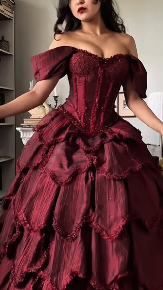 Vintage Off The Shoulder Satin Beaded Petals Layered Ball Gown Burgundy Quinceanera Dress Sweet 16 Dress SP2252