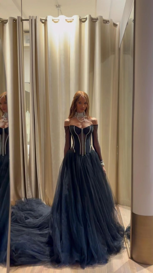 Elegant Navy Blue Tulle Beaded Long Prom Dress,Off Shoulder Party Evening Dress Y8380