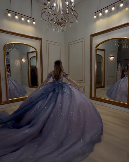 Gorgeous Off The Shoulder Purple Tulle Sequin Appliques Beaded Princess Quinceanera Dress Sweet 16 Dress SP1031