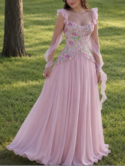 Classy Pink Chiffon Sequin Floral A Line Long Party Dress Prom Dress SP4301