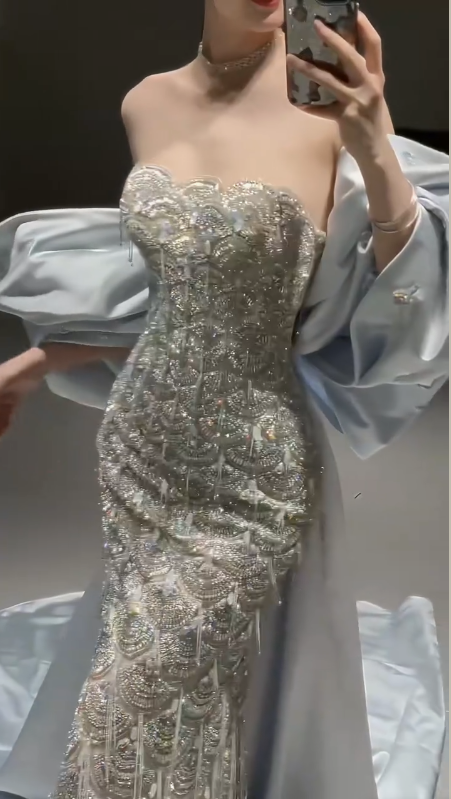 Sparkly Satin Beaded Mermaid Evening Dress,Long Prom Dress With Bow Y8330