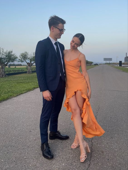 Orange Irregular Ruffle Hem Hi-low Prom Dress Y4138