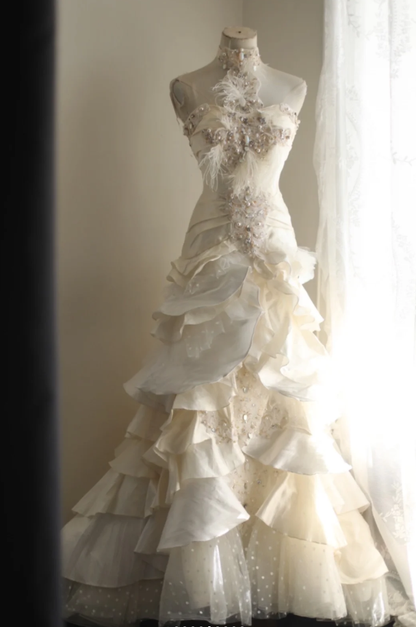 Vintage White Halter Satin Tulle Beaded Mermaid Long Wedding Dress SP666