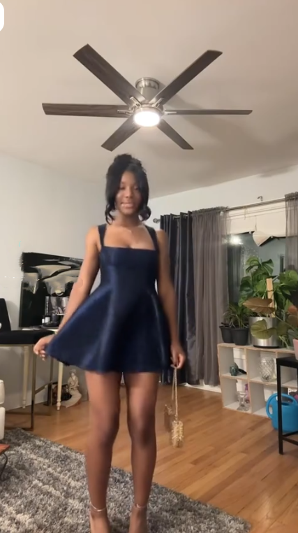 Fashion Spaghetti Straps Satin A Line Mini 16th Birthday Outfits,Navy Blue Short Graduation Homecoming Dress SP2504