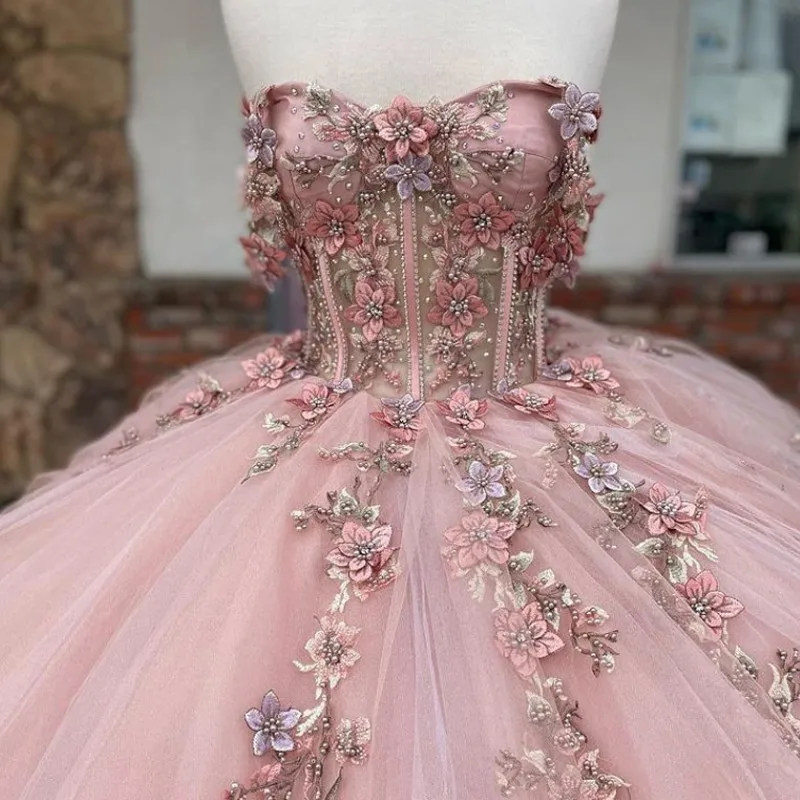 Pink Tulle Floral Appliques Ball Gown Sweet 16 Dress  Y527