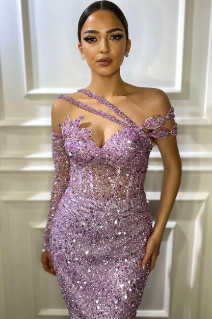 Lilac Long Sleeves Sequins Prom Dress Mermaid Holiday Dress Y4885