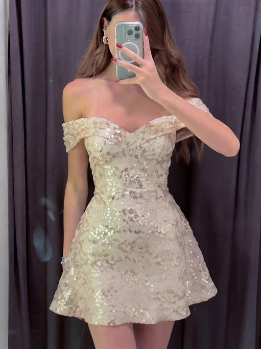 Sparkly Off The Shoulder Satin Sequin Short Prom Dress,Light Champagne A Line Mini 9th Grade Homecoming Dress SP3454