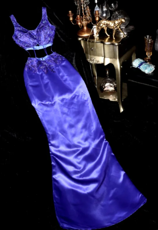 Sexy V Neck Purple Satin Beaded Mermaid Evening Dress Prom Dresses SP714