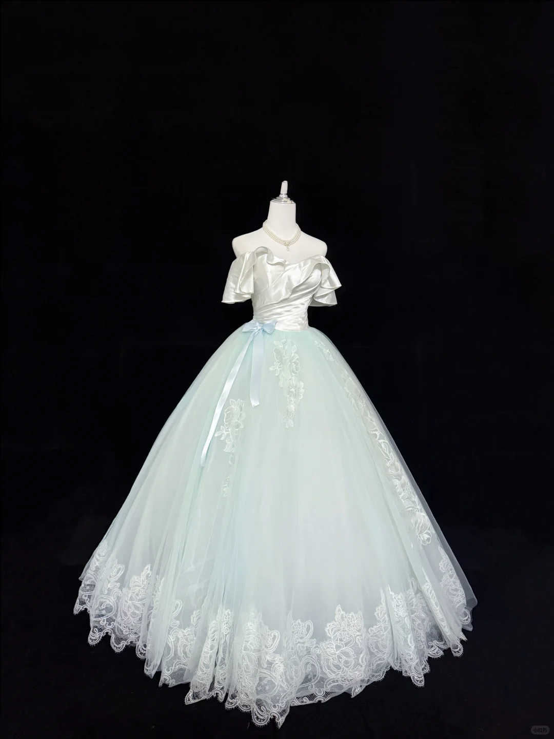 Charming Ball Gown Pastel Mint Green Off The Shoulder Tulle Appliques Long Party Dress Prom Dress SP2217
