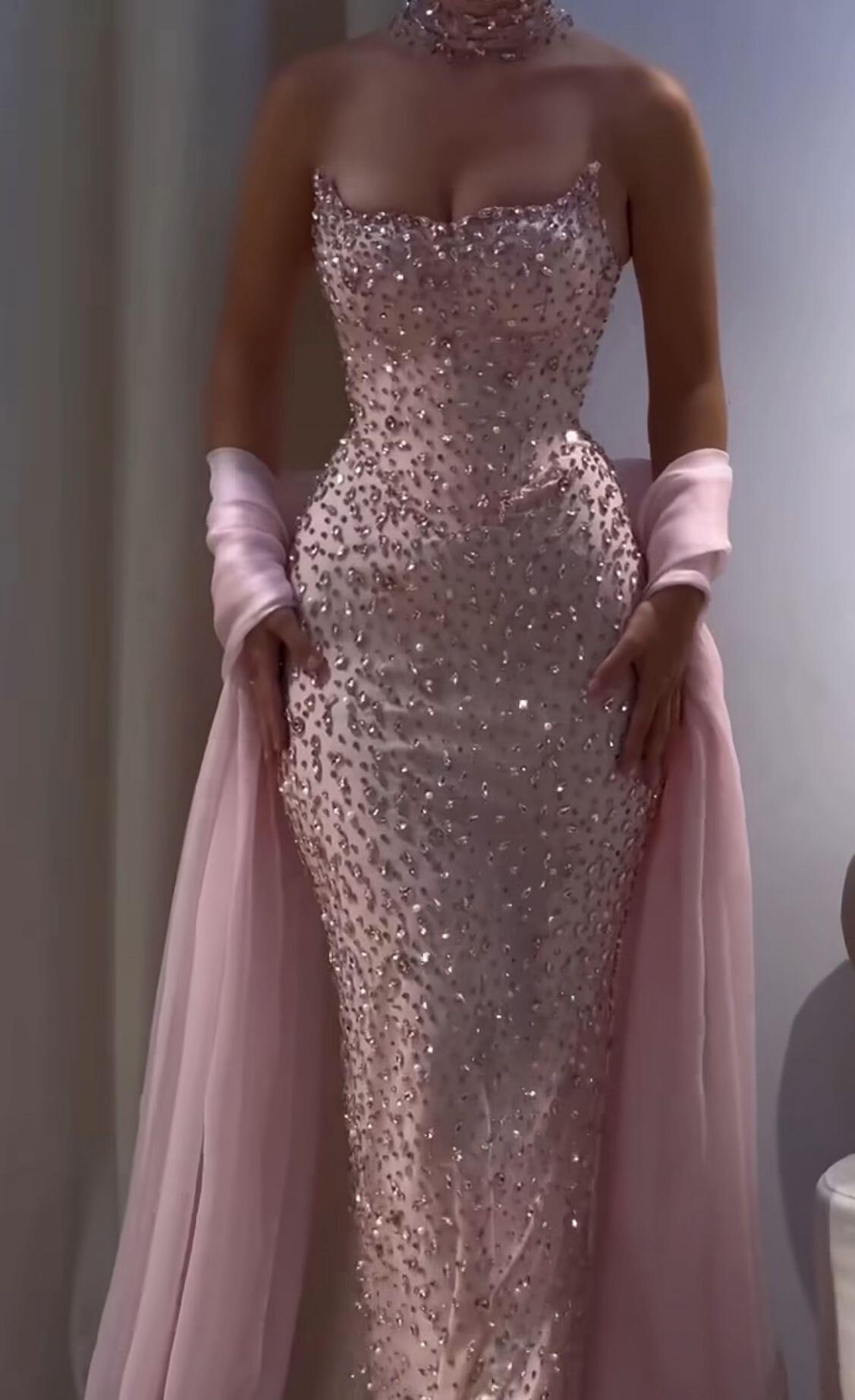 Glamorous Pink Strapless Tulle Beaded Mermaid Long Party Dress Prom Gown SP3409