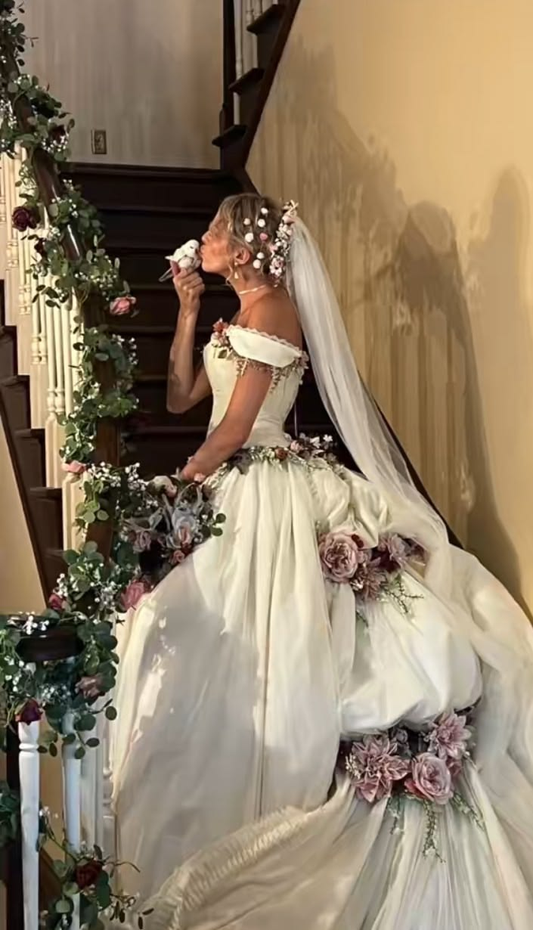Elegant Off The Shoulder White Satin Pleated 3D Floral Long Wedding Dress Bridal Dress SP3676
