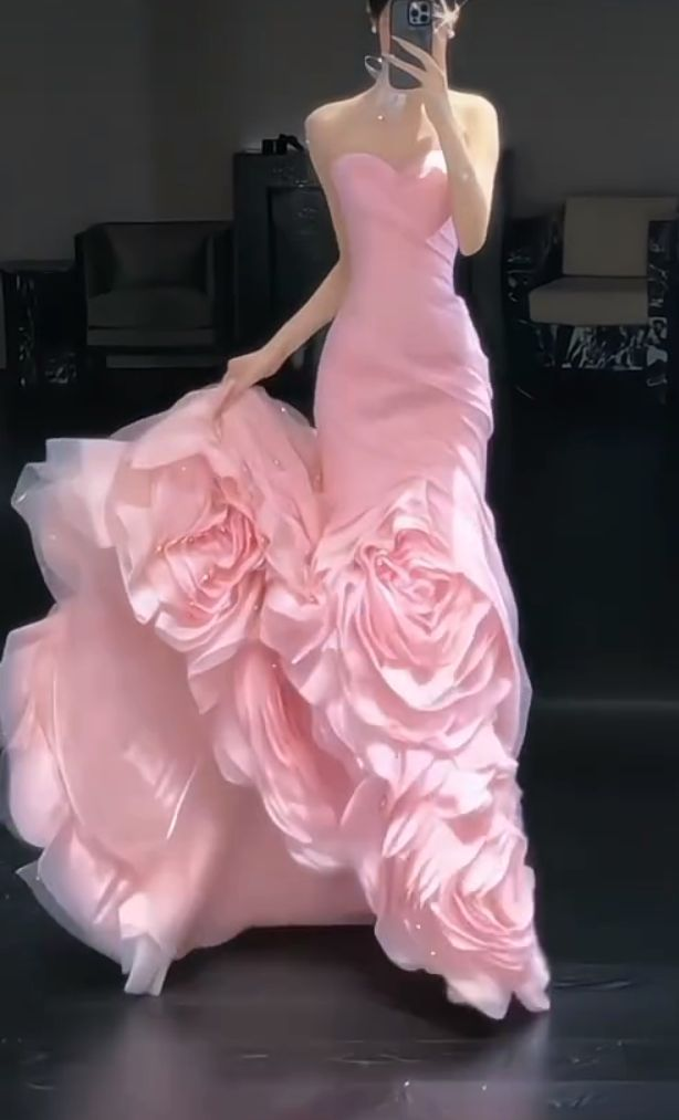Charming Pink Strapless Tulle Pleated Flowers Mermaid Long Evening Dress Birthday Prom Dress SP1108