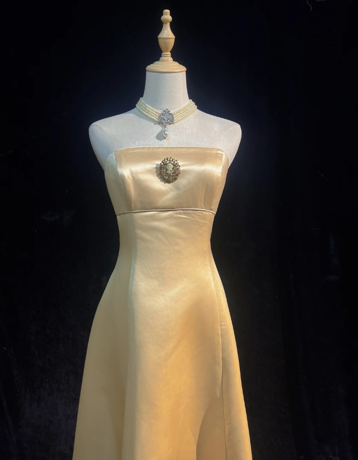 Fashion Strapless Gold Satin A Line Long Evening Dress Formal Wedding Guest Dress SP1781