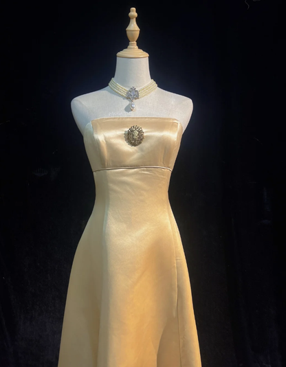 Fashion Strapless Gold Satin A Line Long Evening Dress Formal Wedding Guest Dress SP1781