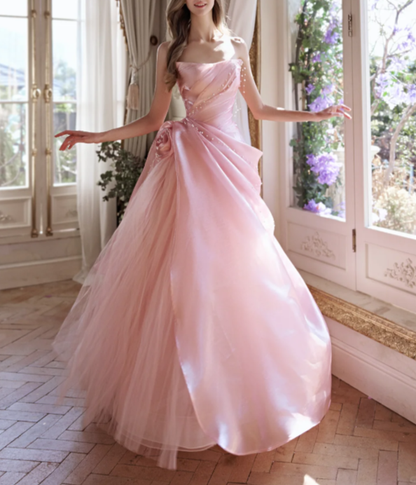 Fairy Pink Strapless Organza Pleated Beaded Long Birthday Party Dress Princess Prom Gowns SP2092