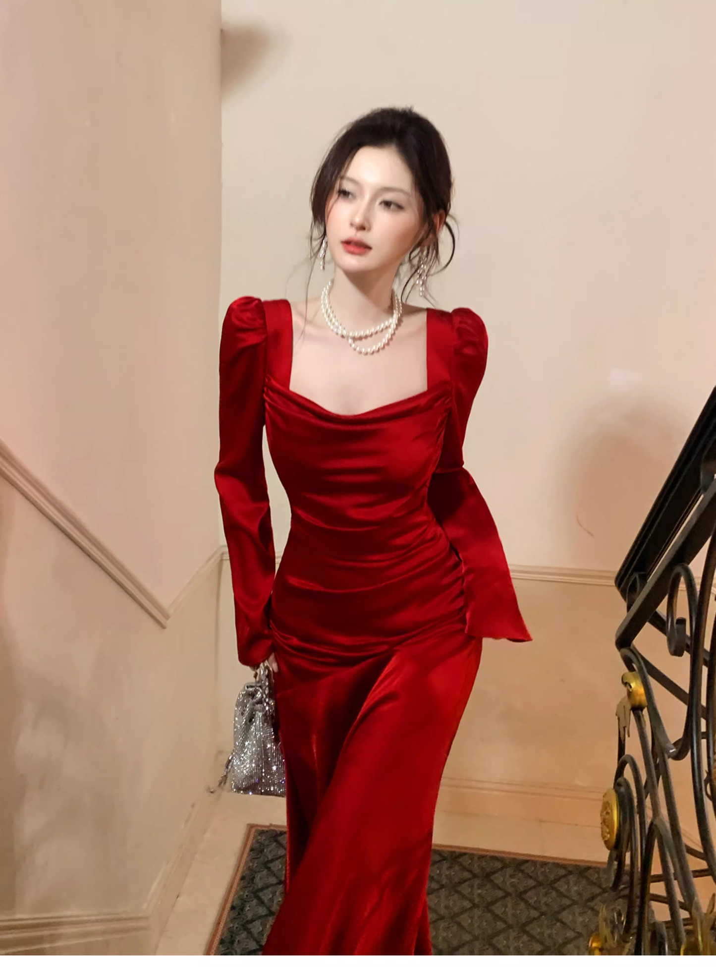 Chic Red Satin Mermaid Long Evening Dress Formal Birthday Prom Gowns SP1647