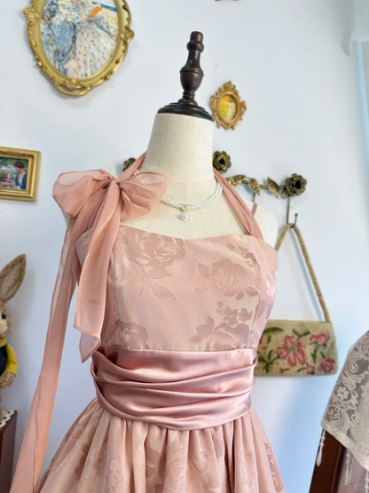 Elegant Halter Pink Satin Print Floral Layered A Line Short Homecoming Dress Birthday Outfits Y9498