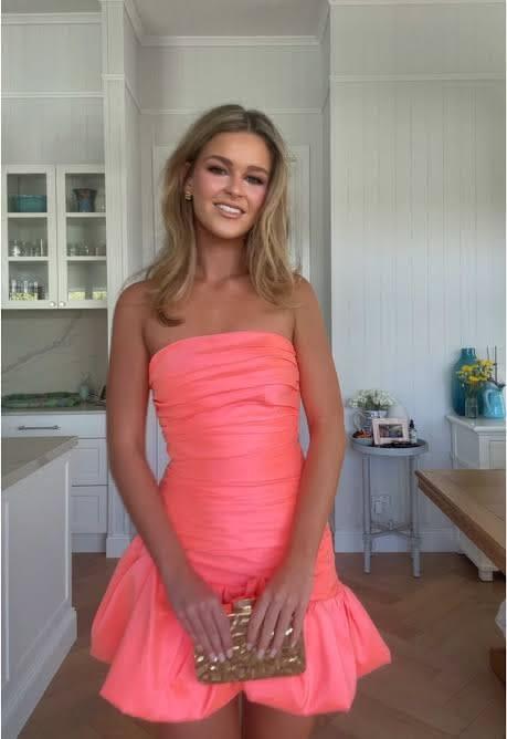 Sexy Strapless Coral Pink Satin Pleated A Line Short Homecoming Dress Cocktail Dress SP3294