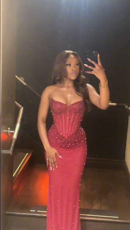 Sexy Strapless Red Tulle Beaded Mermaid Prom Dresses Long Evening Gown SP392